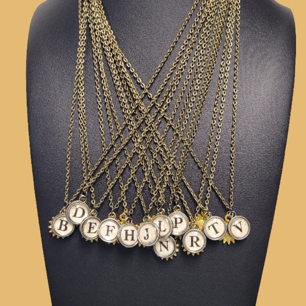 Vintage Typewriter Key (Tim Holtz) Initials Gold Plated Sunflower Charm Necklace - Picture 11 of 14